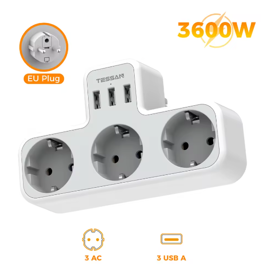 3-voudige Wandstekkerdoos met Overbelastingsbeveiliging Compact