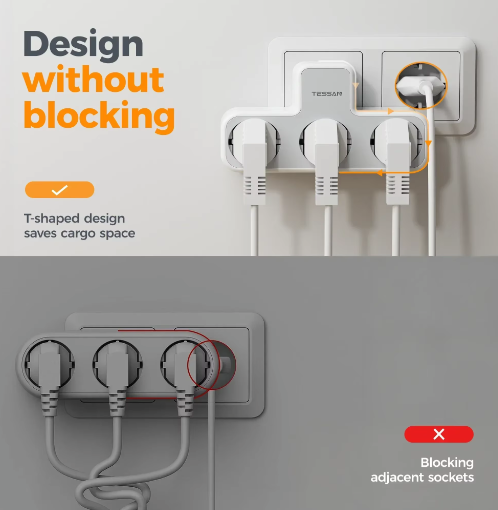 3-voudige Wandstekkerdoos met Overbelastingsbeveiliging Compact