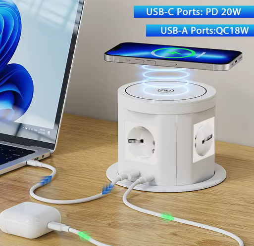 Pop-up Inbouw Stopcontact met USB, Type-C en Draadloos Opladen
