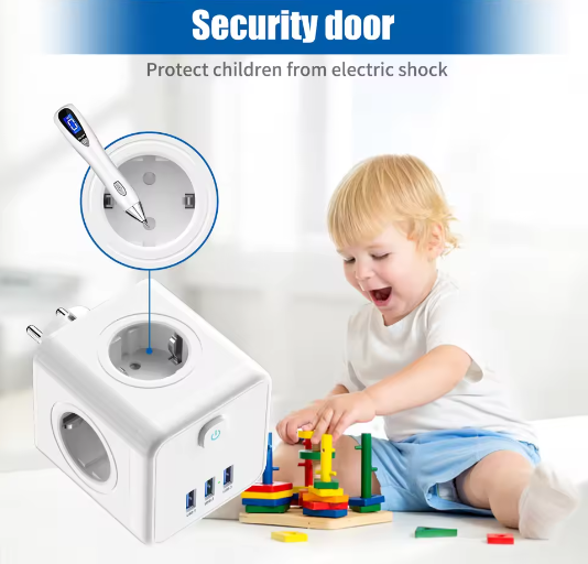 Stekkerdoos Kubus met 4 Stopcontacten en 3 USB Snelladen