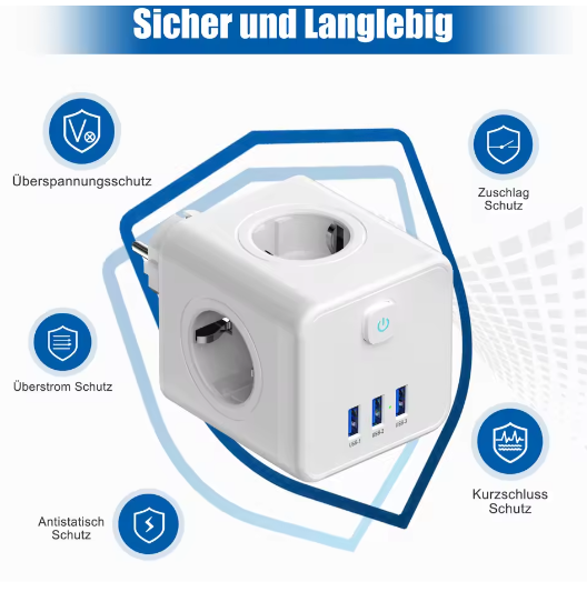 Stekkerdoos Kubus met 4 Stopcontacten en 3 USB Snelladen