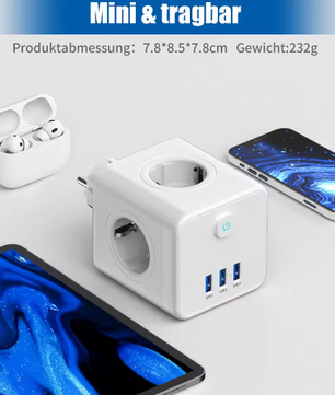 Stekkerdoos Kubus met 4 Stopcontacten en 3 USB Snelladen