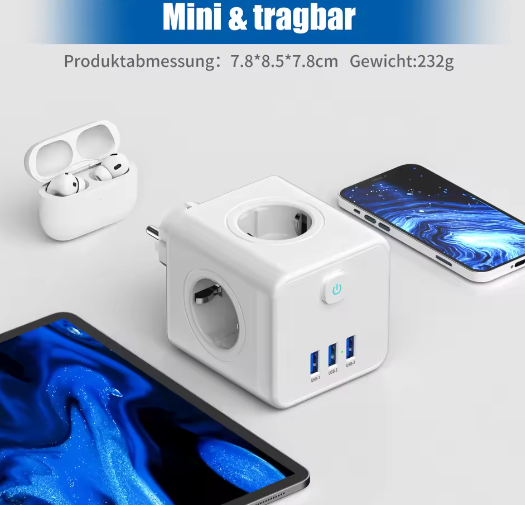 Stekkerdoos Kubus met 4 Stopcontacten en 3 USB Snelladen