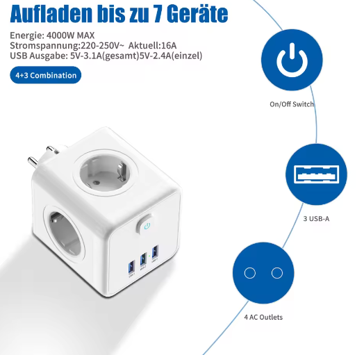 Stekkerdoos Kubus met 4 Stopcontacten en 3 USB Snelladen