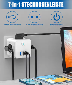 Stekkerdoos Kubus met 4 Stopcontacten en 3 USB Snelladen