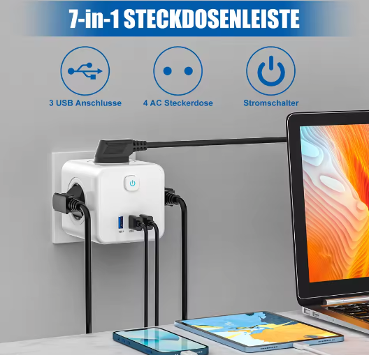 Stekkerdoos Kubus met 4 Stopcontacten en 3 USB Snelladen