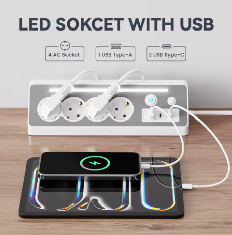 Stekkerdoos met 4 Stopcontacten, USB en Type-C met Schakelaar