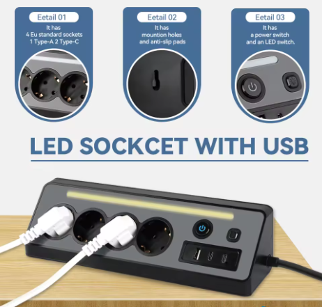 Stekkerdoos met 4 Stopcontacten, USB en Type-C met Schakelaar