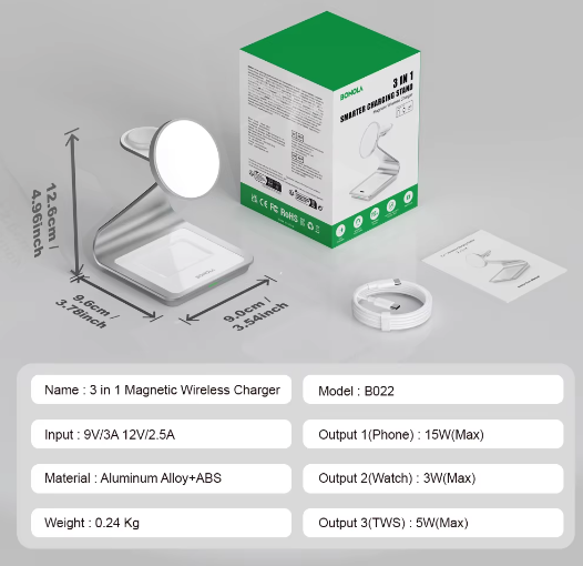 3-in-1 Magnetische Draadloze Oplader 30W – Oplaadstation voor Smartphone, Smartwatch en Draadloze Oordopjes