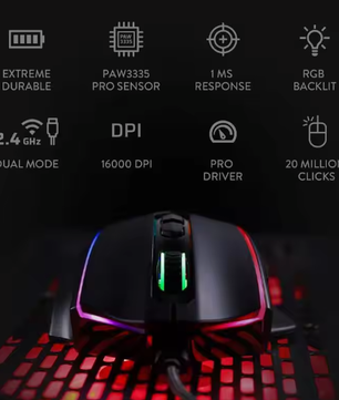 Draadloze Gaming Muis met 16.000 DPI – Dual Mode Precisie en 45 Uur Batterijduur