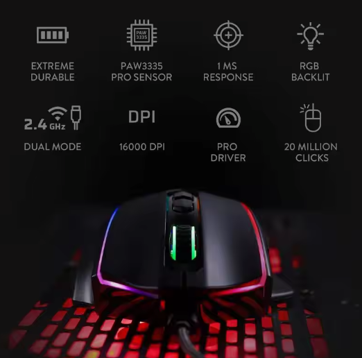 Draadloze Gaming Muis met 16.000 DPI – Dual Mode Precisie en 45 Uur Batterijduur