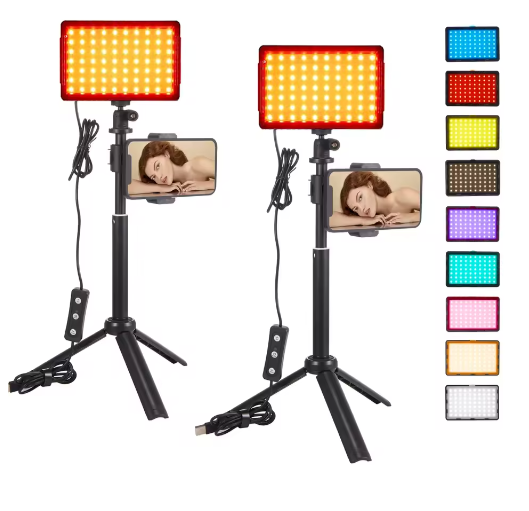 2-Pack LED Streaming Lights met Statief – Studio Videolamp Set met 9 Kleurenfilters