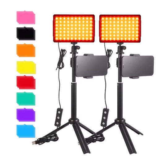 2-Pack LED Streaming Lights met Statief – Studio Videolamp Set met 9 Kleurenfilters