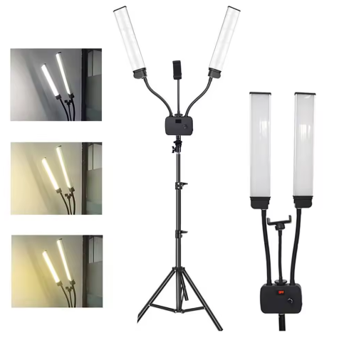 Opvouwbaar LED Lichtstatief met Dubbele Arm – Dimbaar met 3 Kleurtemperaturen voor Livestream en Fotografie