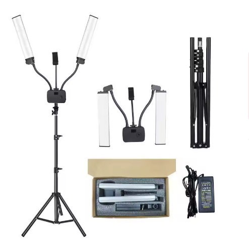 Opvouwbaar LED Lichtstatief met Dubbele Arm – Dimbaar met 3 Kleurtemperaturen voor Livestream en Fotografie