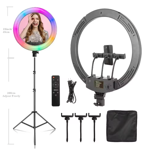 18 Inch 45 cm RGB Ringlicht met Statief – Dimbaar USB LED Selfie Lamp voor Fotostudio