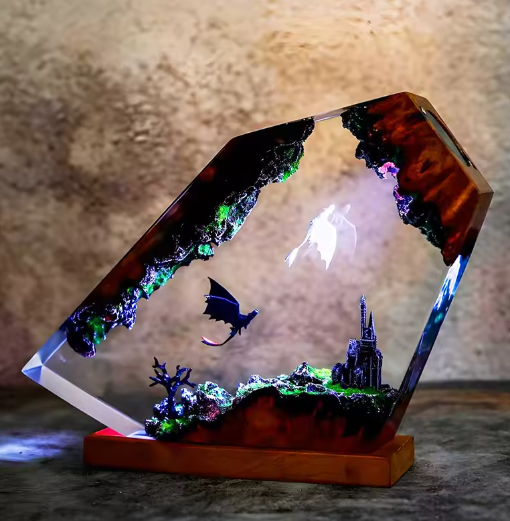Draak Tafellamp van Hars – Creatieve Cartoon Figuur met 7-Kleuren LED Nachtlamp en USB Oplading