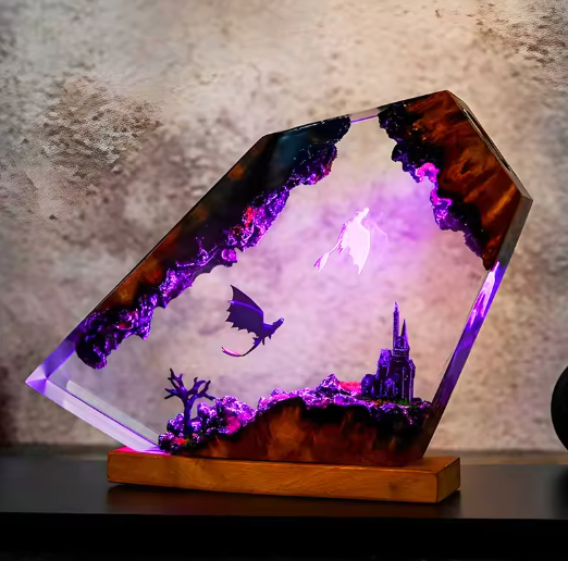 Draak Tafellamp van Hars – Creatieve Cartoon Figuur met 7-Kleuren LED Nachtlamp en USB Oplading