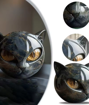 Decoratief Zwart Kattenbeeldje van Hars – Marmeren Textuur Kattenhoofd Ornament voor Bureau en Woondecoratie