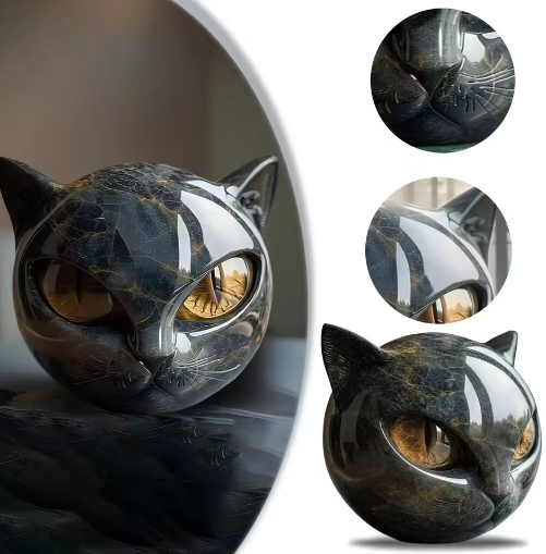 Decoratief Zwart Kattenbeeldje van Hars – Marmeren Textuur Kattenhoofd Ornament voor Bureau en Woondecoratie