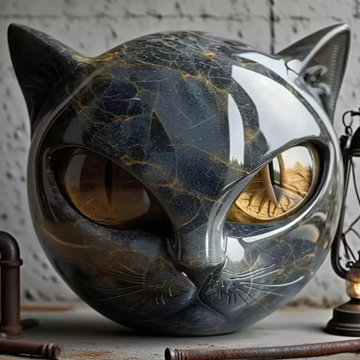 Decoratief Zwart Kattenbeeldje van Hars – Marmeren Textuur Kattenhoofd Ornament voor Bureau en Woondecoratie