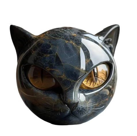 Decoratief Zwart Kattenbeeldje van Hars – Marmeren Textuur Kattenhoofd Ornament voor Bureau en Woondecoratie