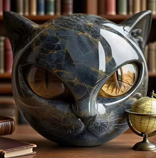 Decoratief Zwart Kattenbeeldje van Hars – Marmeren Textuur Kattenhoofd Ornament voor Bureau en Woondecoratie