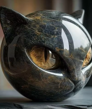 Decoratief Zwart Kattenbeeldje van Hars – Marmeren Textuur Kattenhoofd Ornament voor Bureau en Woondecoratie