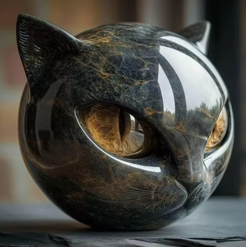 Decoratief Zwart Kattenbeeldje van Hars – Marmeren Textuur Kattenhoofd Ornament voor Bureau en Woondecoratie