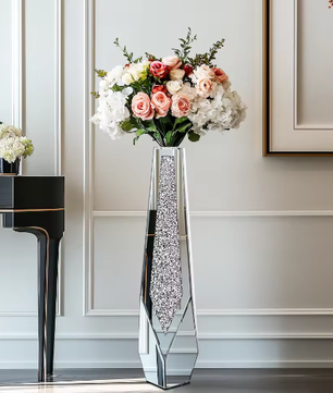 Hoge Vloerspiegelvaas met Verpletterde Diamanten – Luxe Glazen Kristal Vaas voor Woondecoratie en Evenementen