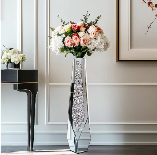 Hoge Vloerspiegelvaas met Verpletterde Diamanten – Luxe Glazen Kristal Vaas voor Woondecoratie en Evenementen