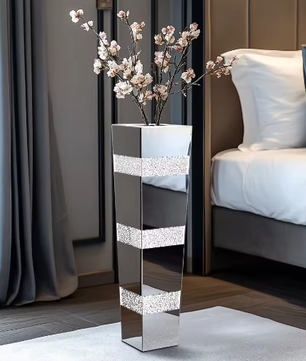 Hoge Vloerspiegelvaas met Verpletterde Diamanten – Luxe Glazen Kristal Vaas voor Woondecoratie en Evenementen