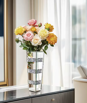 Hoge Vloerspiegelvaas met Verpletterde Diamanten – Luxe Glazen Kristal Vaas voor Woondecoratie en Evenementen