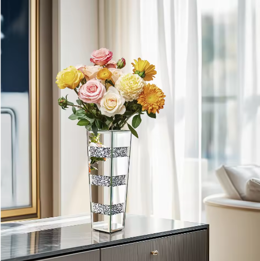 Hoge Vloerspiegelvaas met Verpletterde Diamanten – Luxe Glazen Kristal Vaas voor Woondecoratie en Evenementen