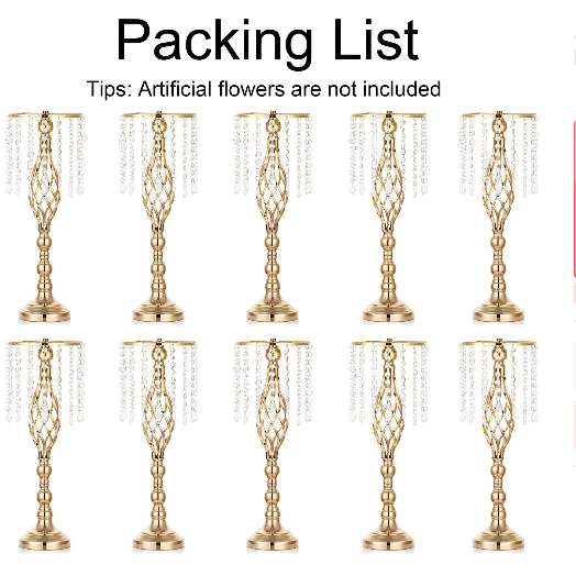 Set van 10 Gouden Kristallen Bloemenvazen – Elegante Metalen Centerpieces voor Bruiloft en Tafeldecoratie