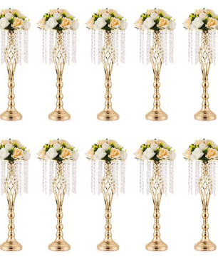 Set van 10 Gouden Kristallen Bloemenvazen – Elegante Metalen Centerpieces voor Bruiloft en Tafeldecoratie