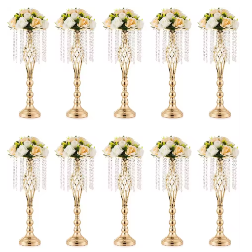 Set van 10 Gouden Kristallen Bloemenvazen – Elegante Metalen Centerpieces voor Bruiloft en Tafeldecoratie
