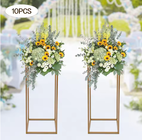 Set van 10 Gouden Geometrische Bloemenstandaards – Metalen Centerpieces voor Bruiloft, Feest en Tafeldecoratie