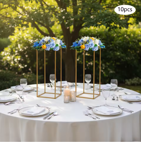 Set van 10 Gouden Geometrische Bloemenstandaards – Metalen Centerpieces voor Bruiloft, Feest en Tafeldecoratie