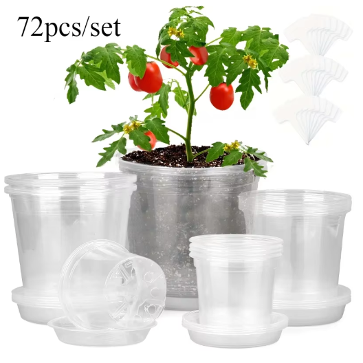 72-Delige Set Transparante Kweekpotten met Dienbladen en Plantenlabels – Plastic Zaai- en Kweekpotten met Drainage