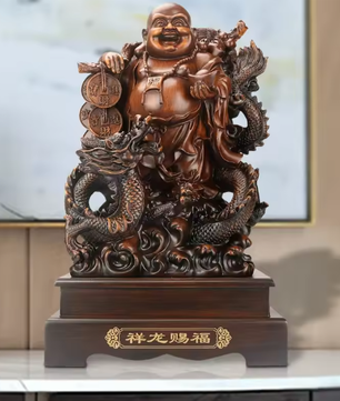 Lachende Boeddha Beeld met Draak en Schildpad – Decoratieve Hars Sculptuur voor Interieur