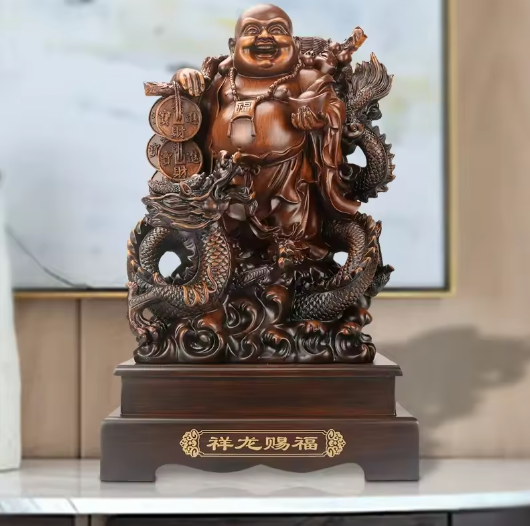 Lachende Boeddha Beeld met Draak en Schildpad – Decoratieve Hars Sculptuur voor Interieur