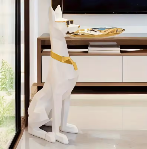 Doberman Hond Standbeeld Bijzettafel – Hars Sculptuur met Lade voor Interieurdecoratie