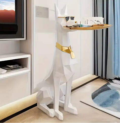 Doberman Hond Standbeeld Bijzettafel – Hars Sculptuur met Lade voor Interieurdecoratie