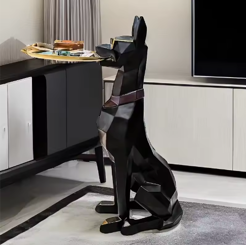Doberman Hond Standbeeld Bijzettafel – Hars Sculptuur met Lade voor Interieurdecoratie