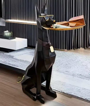 Doberman Hond Standbeeld Bijzettafel – Hars Sculptuur met Lade voor Interieurdecoratie