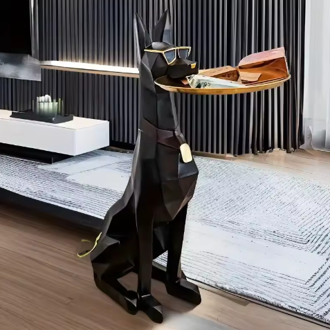 Doberman Hond Standbeeld Bijzettafel – Hars Sculptuur met Lade voor Interieurdecoratie