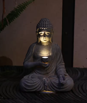 Zen Boeddhabeeld op Zonne-Energie – Decoratief Tuinornament met LED Verlichting