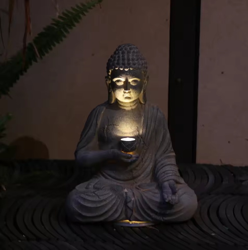 Zen Boeddhabeeld op Zonne-Energie – Decoratief Tuinornament met LED Verlichting
