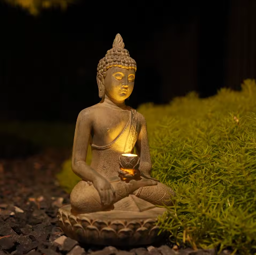 Zen Boeddhabeeld op Zonne-Energie – Decoratief Tuinornament met LED Verlichting